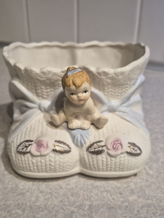Other - Ceramic Baby Boot Planter with Figurine - White, Pink, Blue